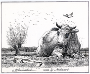 202908 Afbeelding van een koe en enkele mussen in een weiland bij het landgoed Amelisweerd tussen Utrecht en Bunnik.